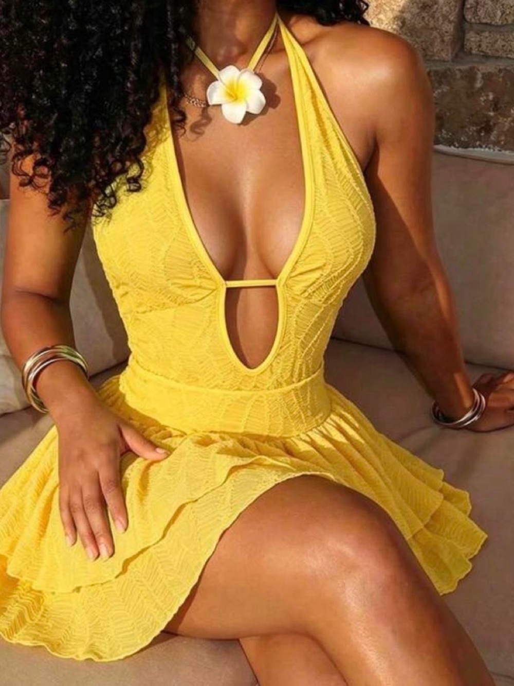 Yellow Halter V-Neck Ruffle Mini Dress